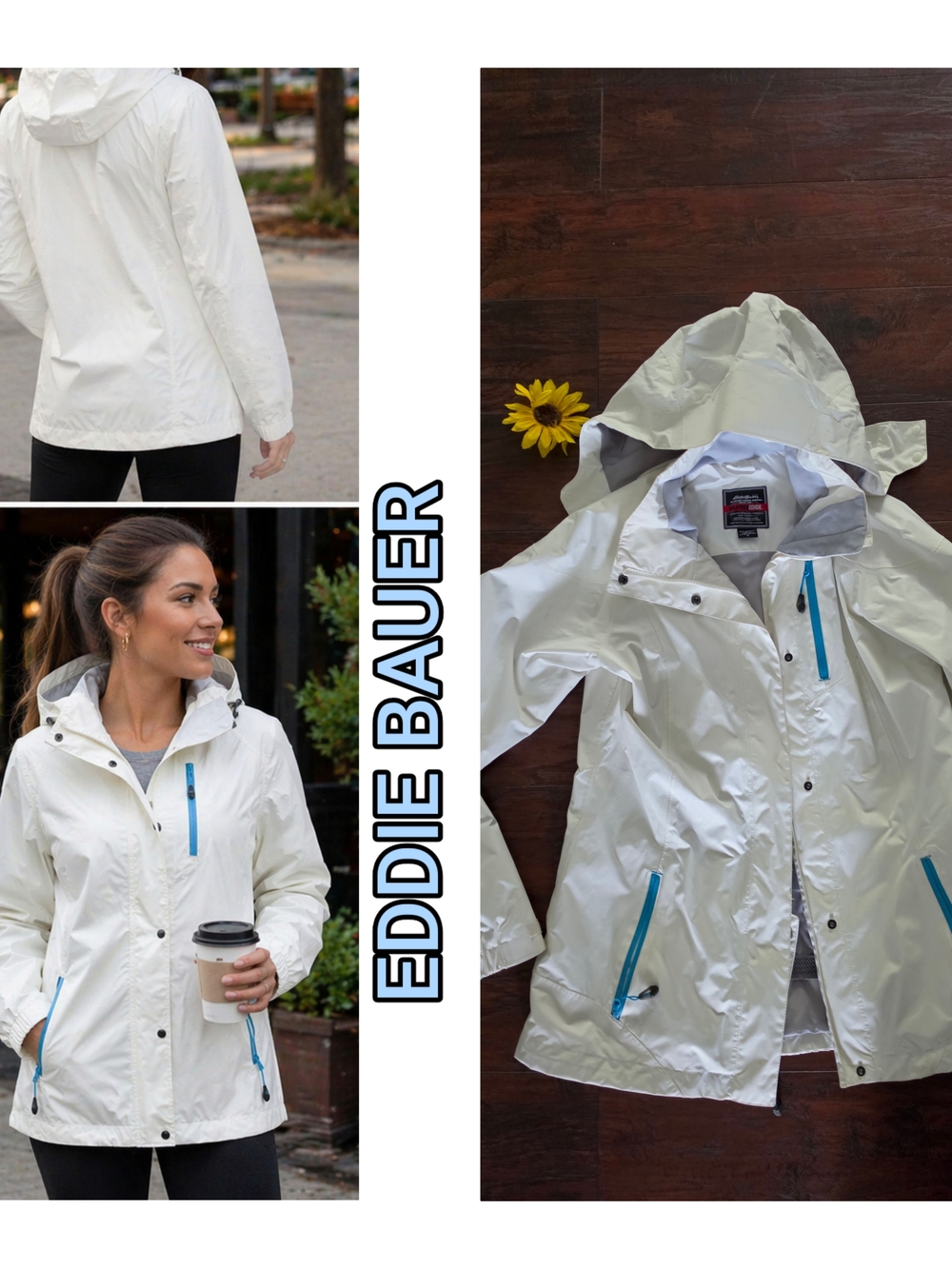 Eddie Bauer Off-White Hooded Rain Trench with Blue Zipper Accents